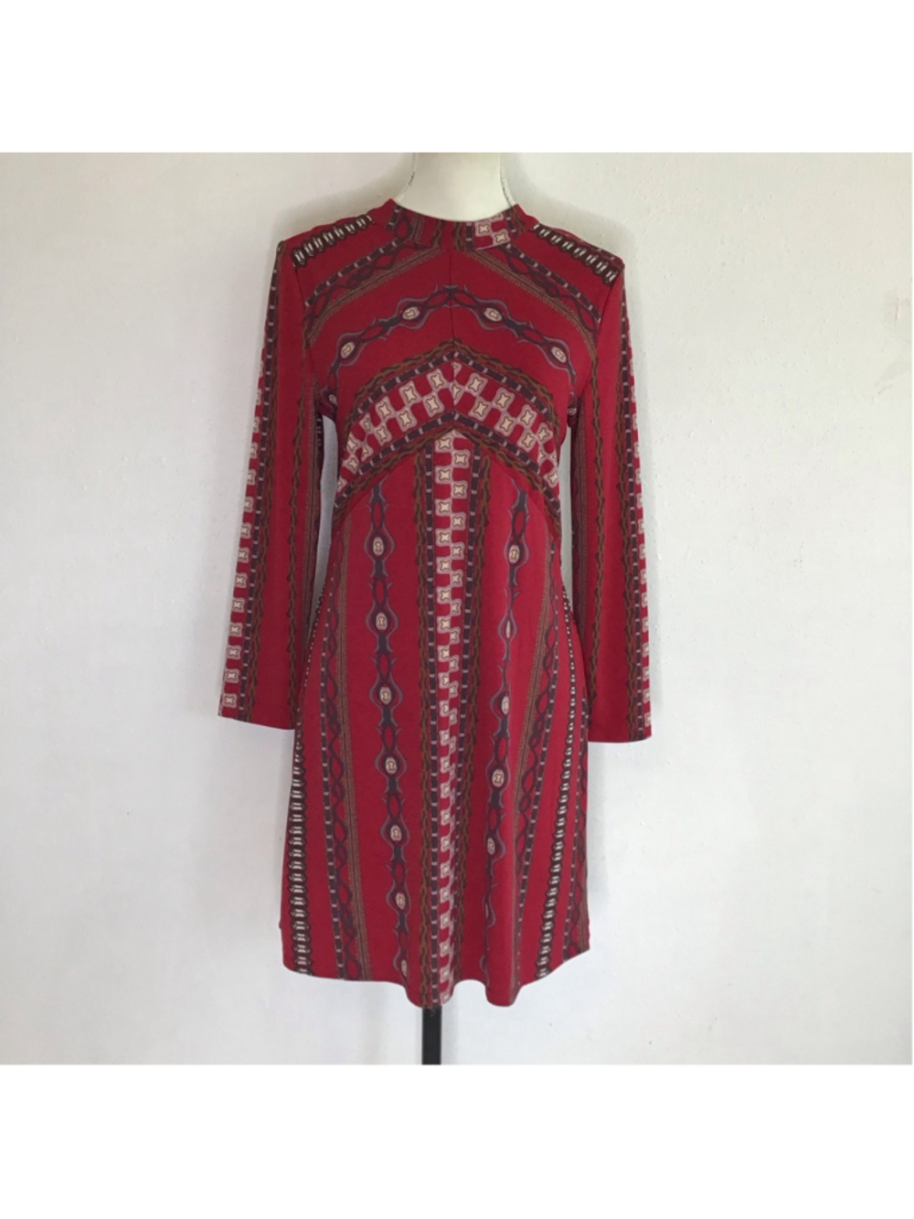 Free People Women Elegant Long Sleeve Dress S Red Brown Geometric